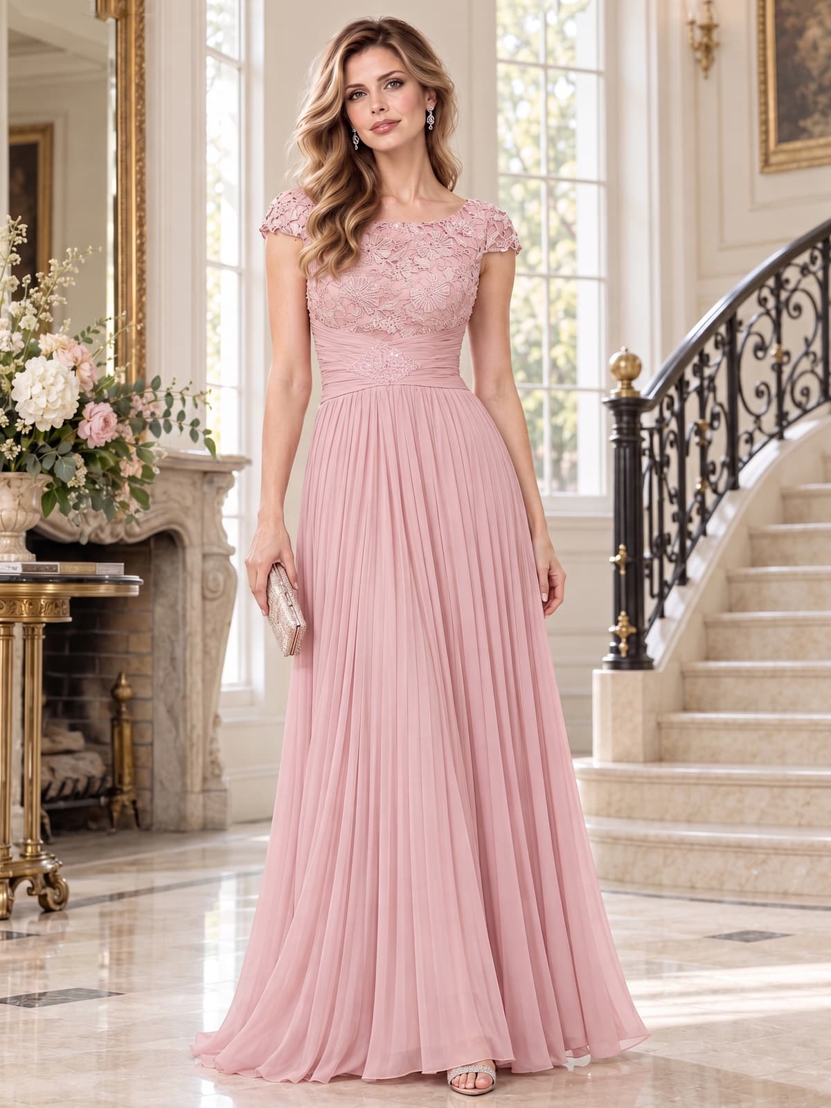 Front view of a floral lace chiffon A-line mother of the bride dress with bateau neckline, cap sleeves and ruched waist.