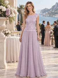 Front view of a floral lace chiffon A-line mother of the bride dress with bateau neckline, cap sleeves and floor-length skirt.