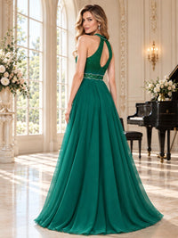 Beaded Chiffon A-Line Halter Floor-Length Evening Dress with Keyhole Neckline (VET-MOM-0362)