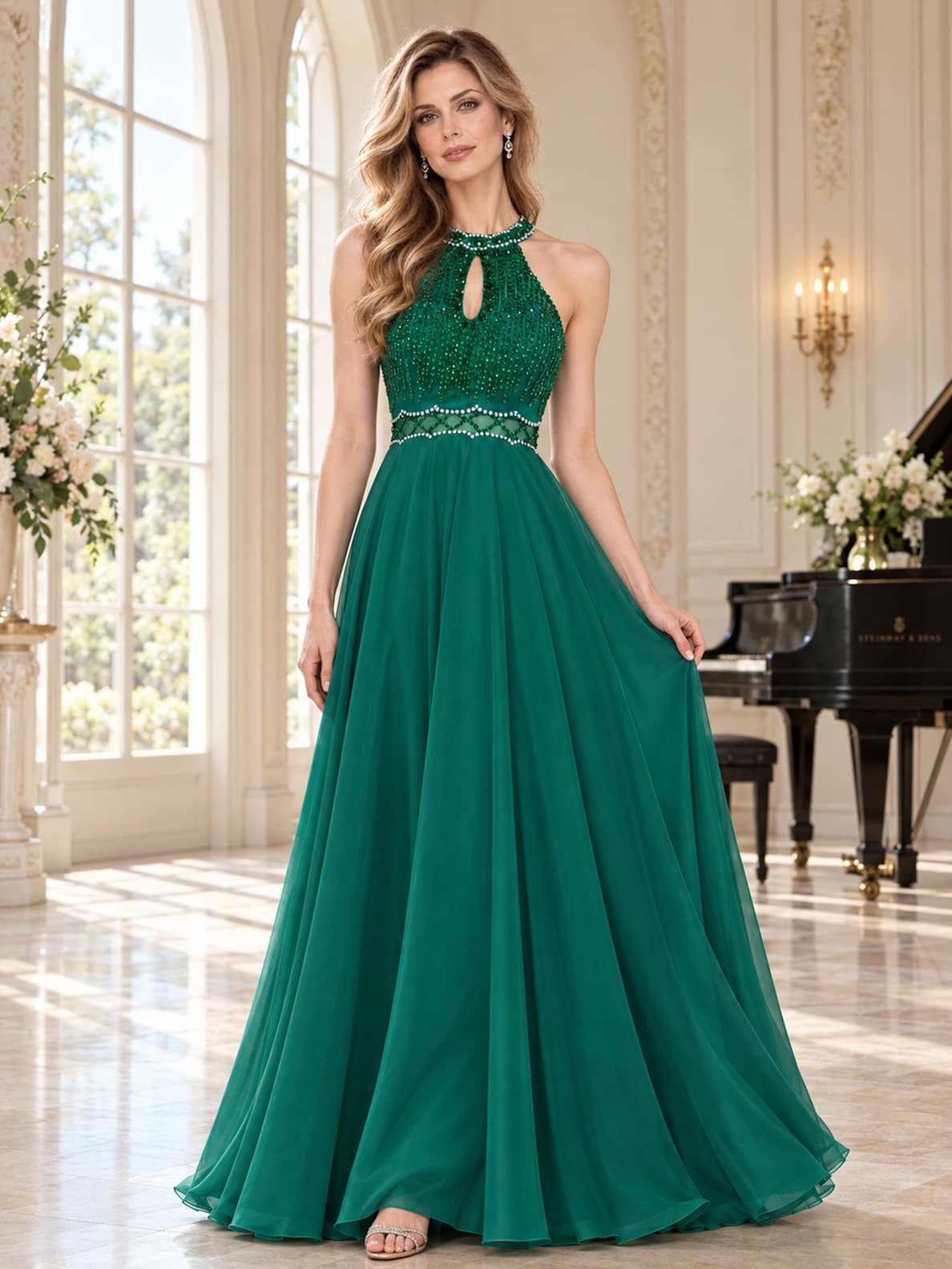 Beaded Chiffon A-Line Halter Floor-Length Evening Dress with Keyhole Neckline (VET-MOM-0362)
