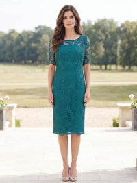 Front view of a floral lace sheath mother of the bride dress with bateau neckline, sheer lace sleeves and knee-length skirt.