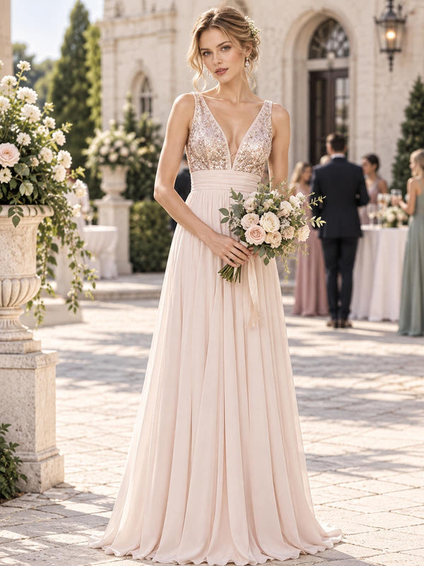 Front view of a sequin floral chiffon A-line mother of the bride dress with deep V-neck and floor-length skirt.