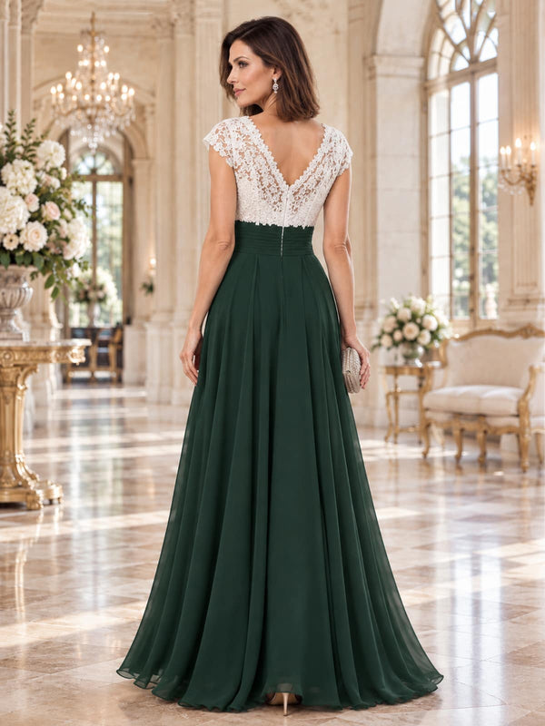 Back view of a floral lace chiffon A-line mother of the bride dress with deep V-back, ruched waist and center-back zipper.