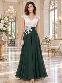 Front view of a floral lace chiffon A-line mother of the bride dress with V-neck, cap sleeves and floor-length skirt.