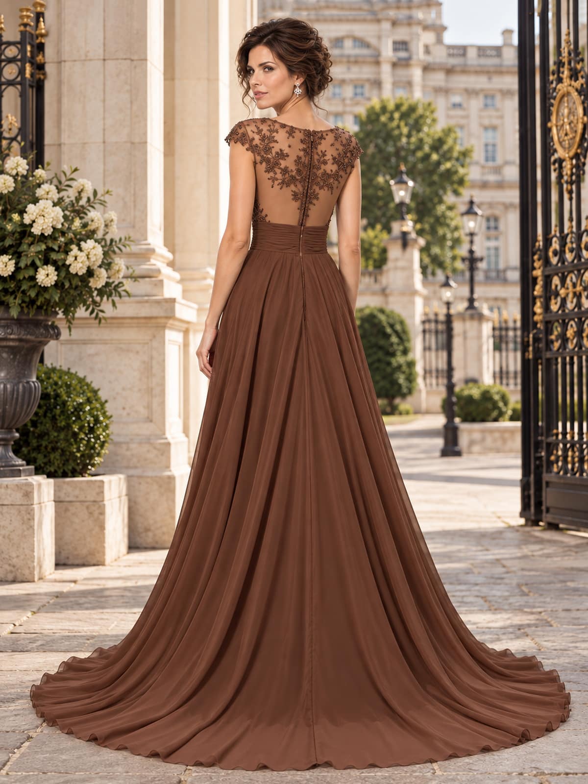 Back view of a beaded floral lace chiffon A-line mother of the bride dress with sheer embroidered back and center-back zipper.