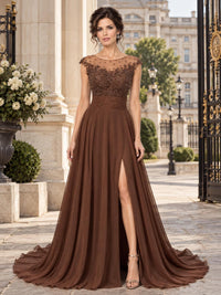 Front view of a beaded floral lace chiffon A-line mother of the bride dress with illusion neckline, ruched waist and front slit.