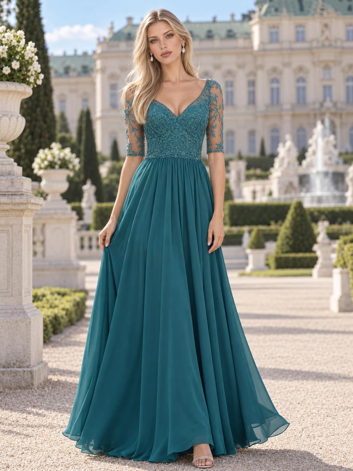 Front view of a floral lace chiffon A-line mother of the bride dress with V-neckline, lace elbow sleeves and floor-length skirt.