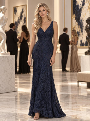 Front view of a floral lace mermaid mother of the bride dress with deep V-neckline and floor-length fitted silhouette.