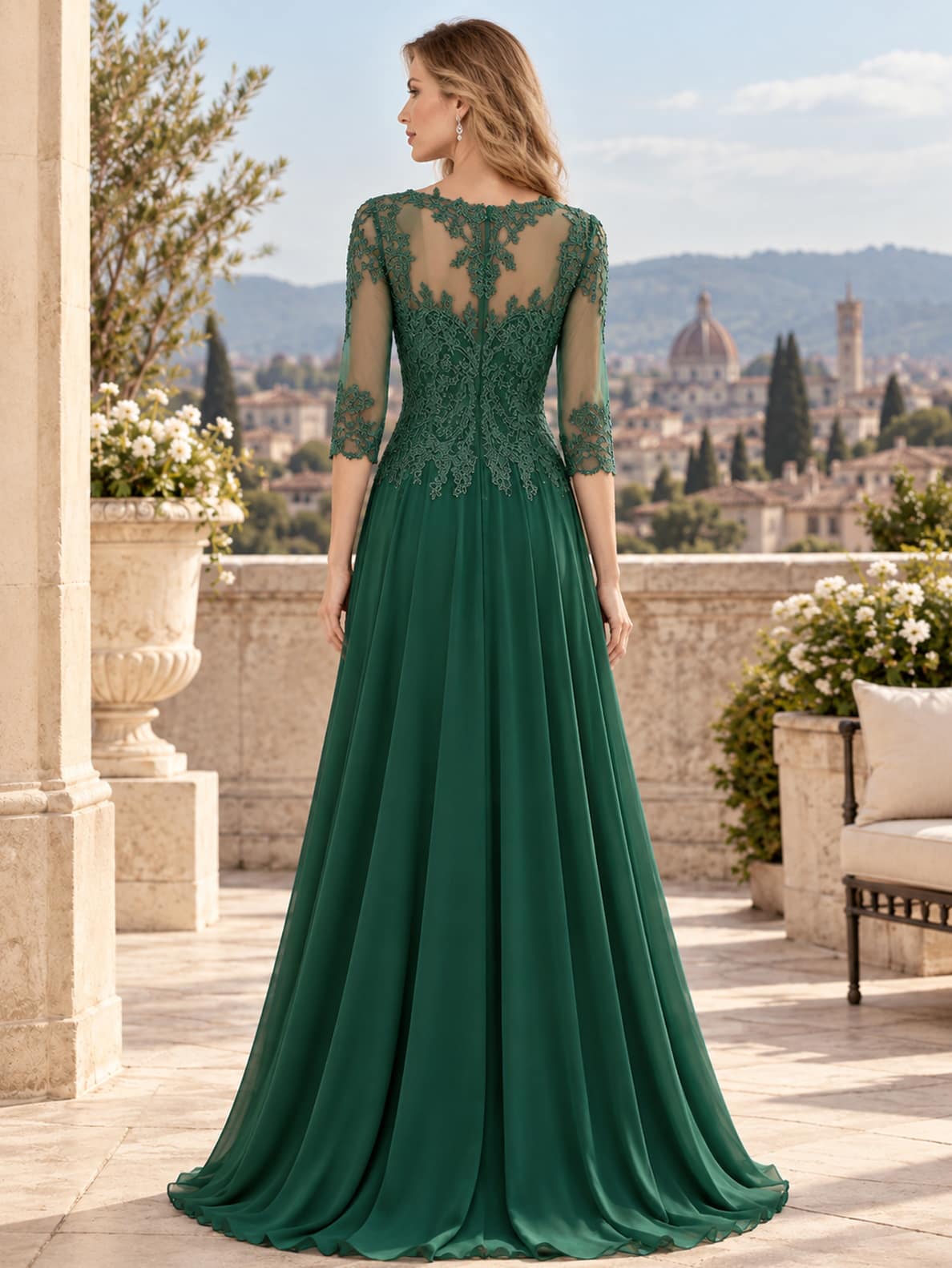 Back view of a floral lace chiffon A-line mother of the bride dress with sheer lace back and center-back zipper.