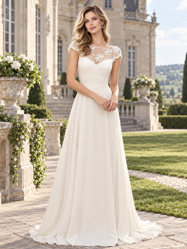 Front view of a floral lace chiffon A-line mother of the bride dress with illusion neckline, cap sleeves and floor-length skirt.
