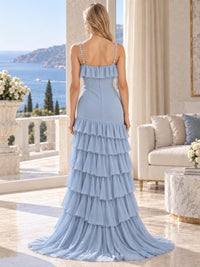 Solid Chiffon Sheath Sweetheart Floor-Length Evening Dress with Beaded Straps and Tiered Ruffles (VET-MOM-0374)