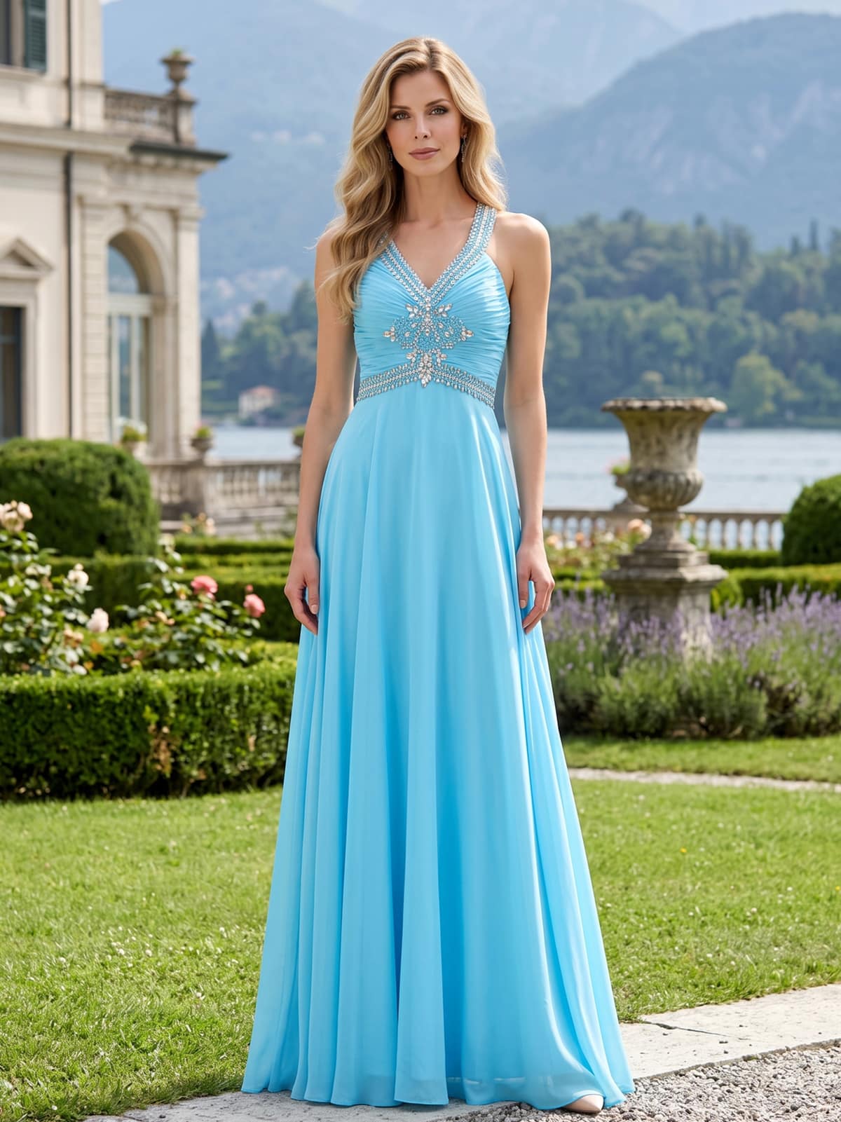 Front view of a chiffon A-line mother of the bride dress with V-neckline, beaded straps, embellished waist and floor-length skirt.