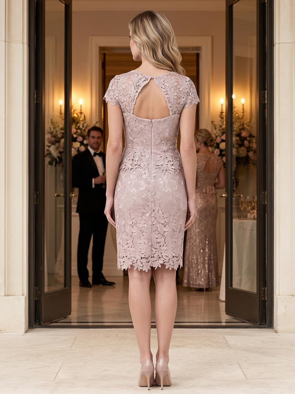 Back view of a floral lace sheath mother of the bride dress with sheer keyhole back and center-back zipper.