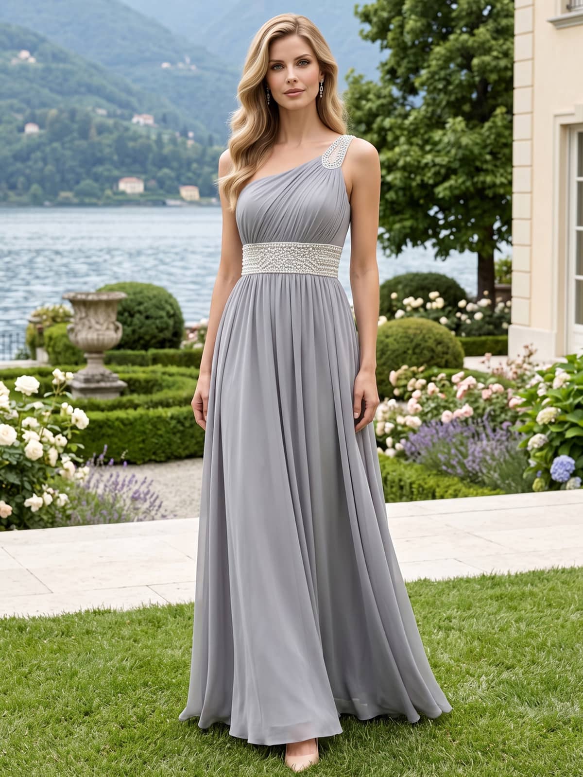 Front view of a chiffon mother of the bride dress with one-shoulder neckline, beaded strap, beaded waistband and floor-length A-line skirt.