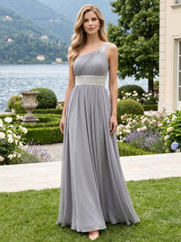 Front view of a chiffon mother of the bride dress with one-shoulder neckline, beaded strap, beaded waistband and floor-length A-line skirt.