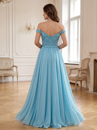 Chiffon Lace A-Line Off-the-Shoulder Floor-Length Evening Dress with Beaded Bodice (VET-MOM-0378)