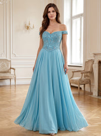Chiffon Lace A-Line Off-the-Shoulder Floor-Length Evening Dress with Beaded Bodice (VET-MOM-0378)