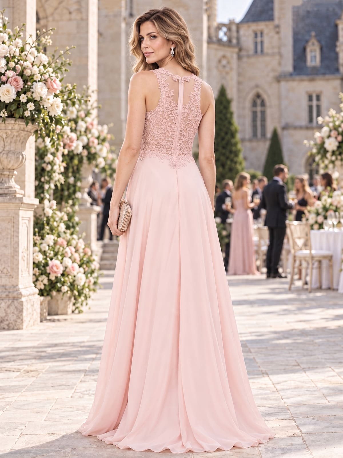 Floral Lace Chiffon A-Line V-Neck Floor-Length Evening Dress with Illusion Back (VET-MOM-0380)