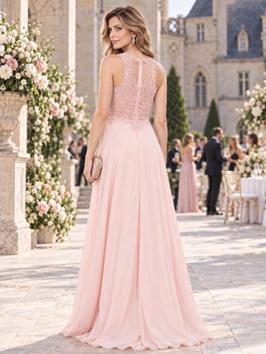 Floral Lace Chiffon A-Line V-Neck Floor-Length Evening Dress with Illusion Back (VET-MOM-0380)