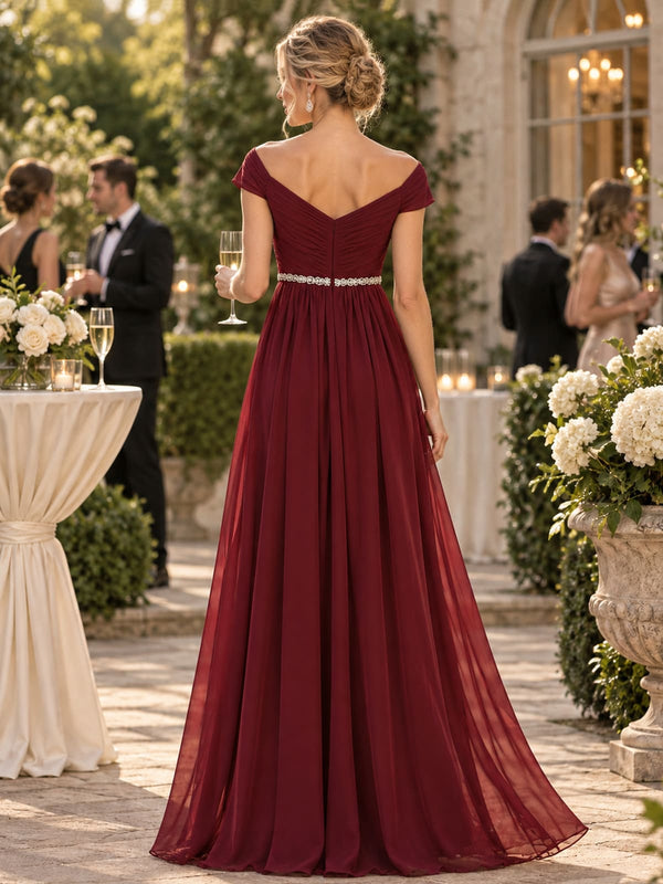 Chiffon A-Line Sweetheart Floor-Length Evening Dress with Beaded Empire Waist (VET-MOM-0381)