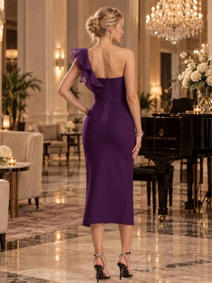 Back view of a satin sheath mother of the bride dress with one-shoulder ruffle and center-back zipper.