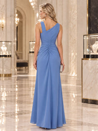 Back view of a satin one-shoulder mother of the bride dress with ruched waist and streamlined floor-length skirt.