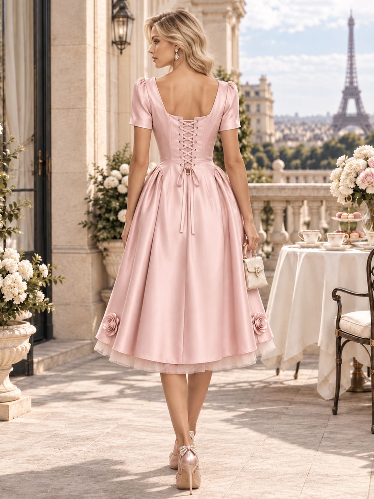 Back view of a satin A-line mother of the bride dress with lace-up corset back, tea-length skirt and 3D rose appliqués.
