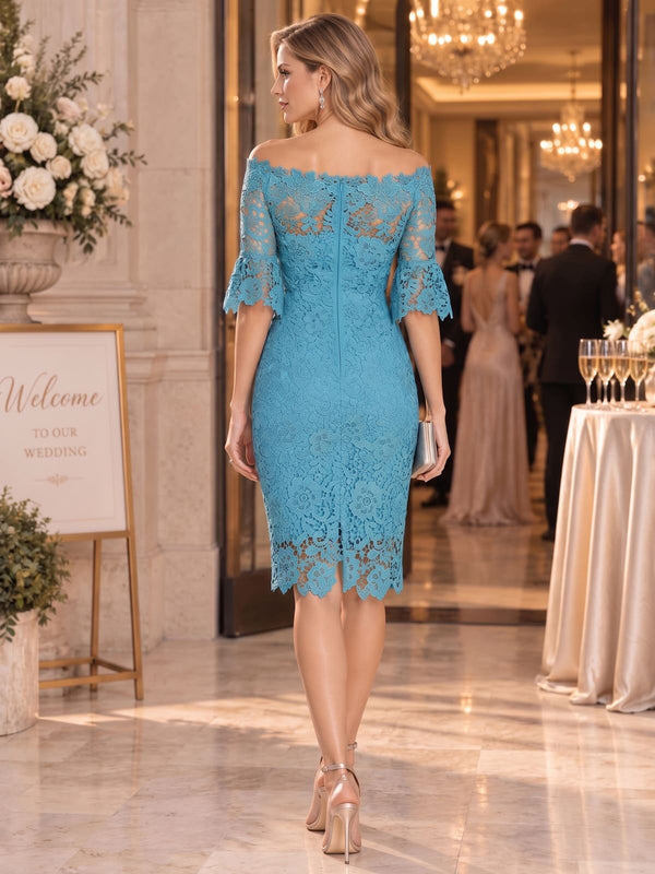 Back view of a floral lace sheath mother of the bride dress with off-shoulder neckline, scalloped lace sleeves and center-back zipper.