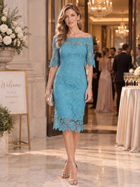 Front view of a floral lace sheath mother of the bride dress with off-shoulder neckline, three-quarter sleeves and scalloped knee-length hem.