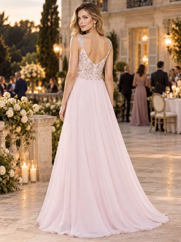 Back view of a beaded floral chiffon A-line mother of the bride dress with deep V-back, embellished bodice and center-back zipper.