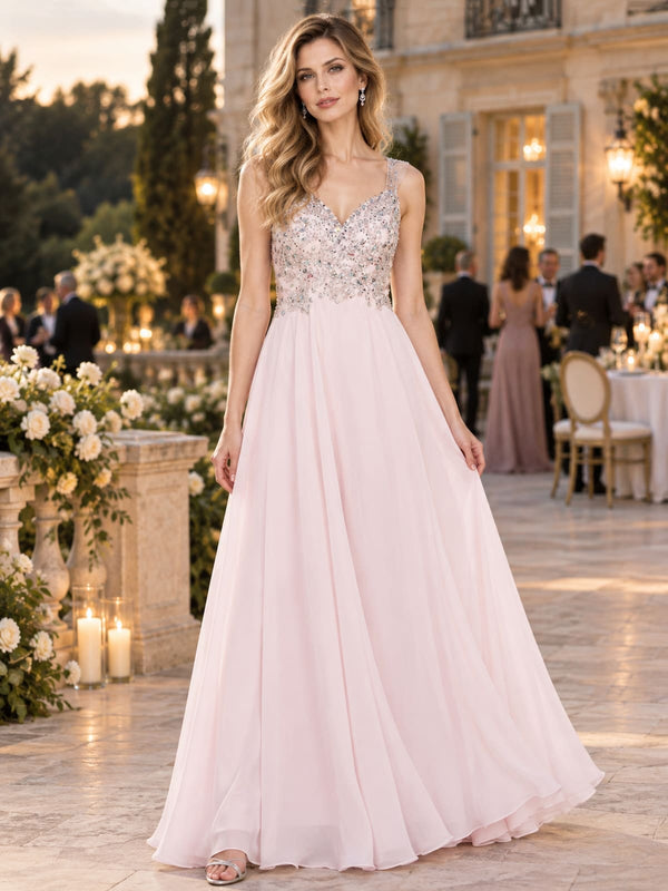 Front view of a beaded floral chiffon A-line mother of the bride dress with V-neckline and floor-length skirt.