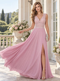 Front view of a floral lace chiffon A-line mother of the bride dress with V-neckline, front slit and floor-length skirt.