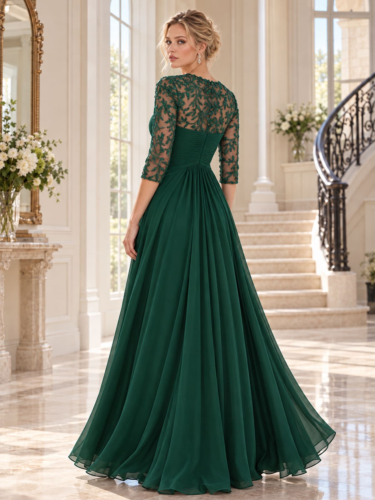 Back view of a floral lace chiffon A-line mother of the bride dress with sheer lace upper bodice, ruched waist and center-back zipper.
