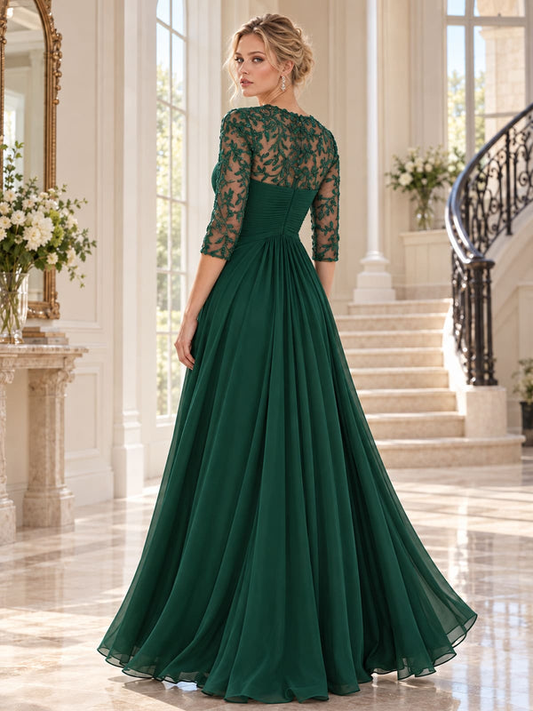 Back view of a floral lace chiffon A-line mother of the bride dress with sheer lace upper bodice, ruched waist and center-back zipper.