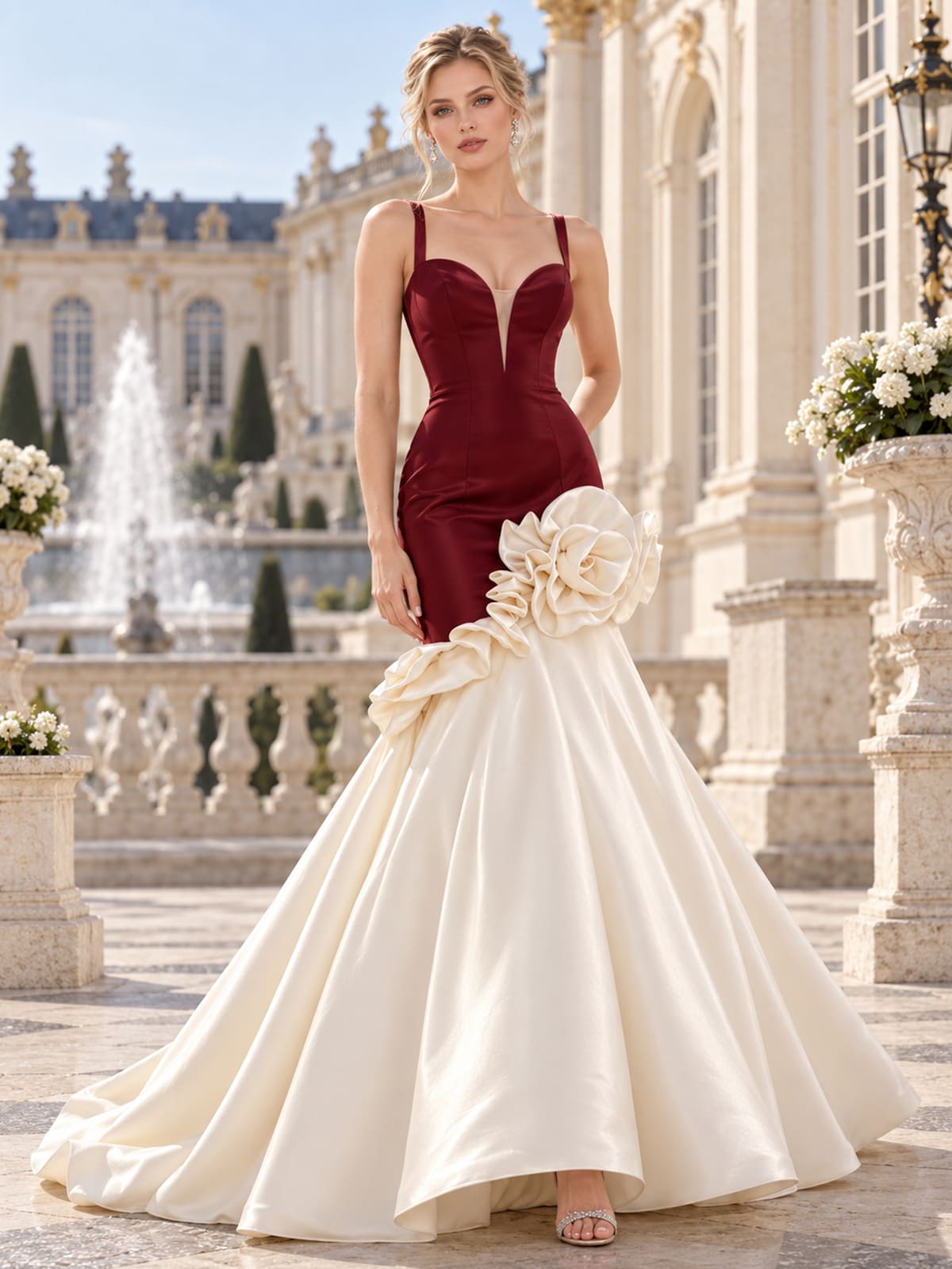 Front view of a two-tone satin mermaid mother of the bride dress with sweetheart neckline, deep illusion plunge and 3D floral appliqué.