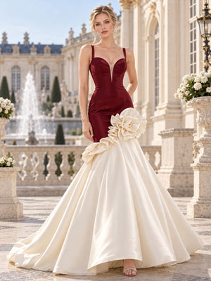Front view of a two-tone satin mermaid mother of the bride dress with sweetheart neckline, deep illusion plunge and 3D floral appliqué.