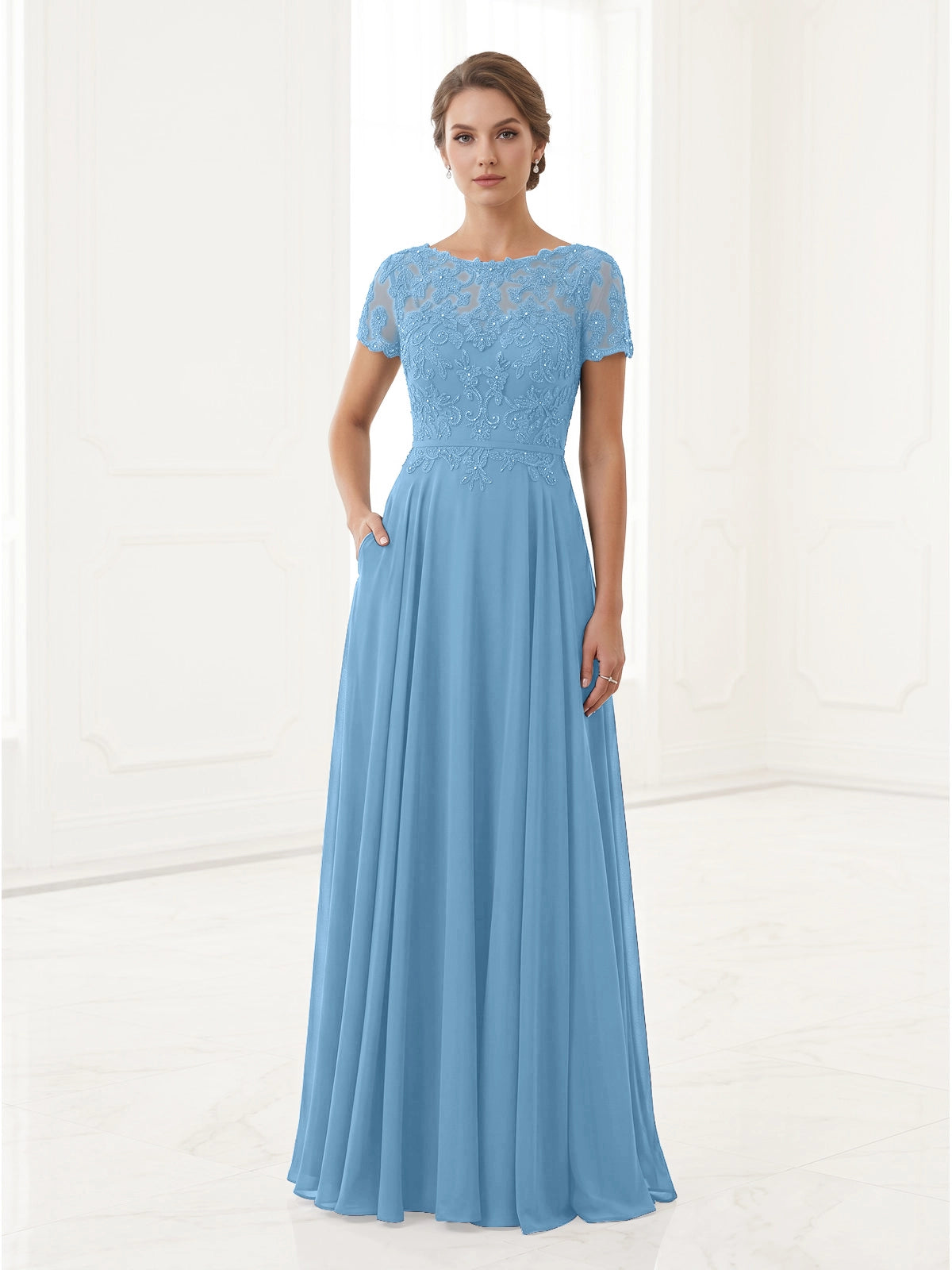 Vetalise Elegant Lace Short Sleeve Mother of the Bride Dress with Pockets - Azure