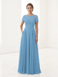 Vetalise Elegant Lace Short Sleeve Mother of the Bride Dress with Pockets - Azure