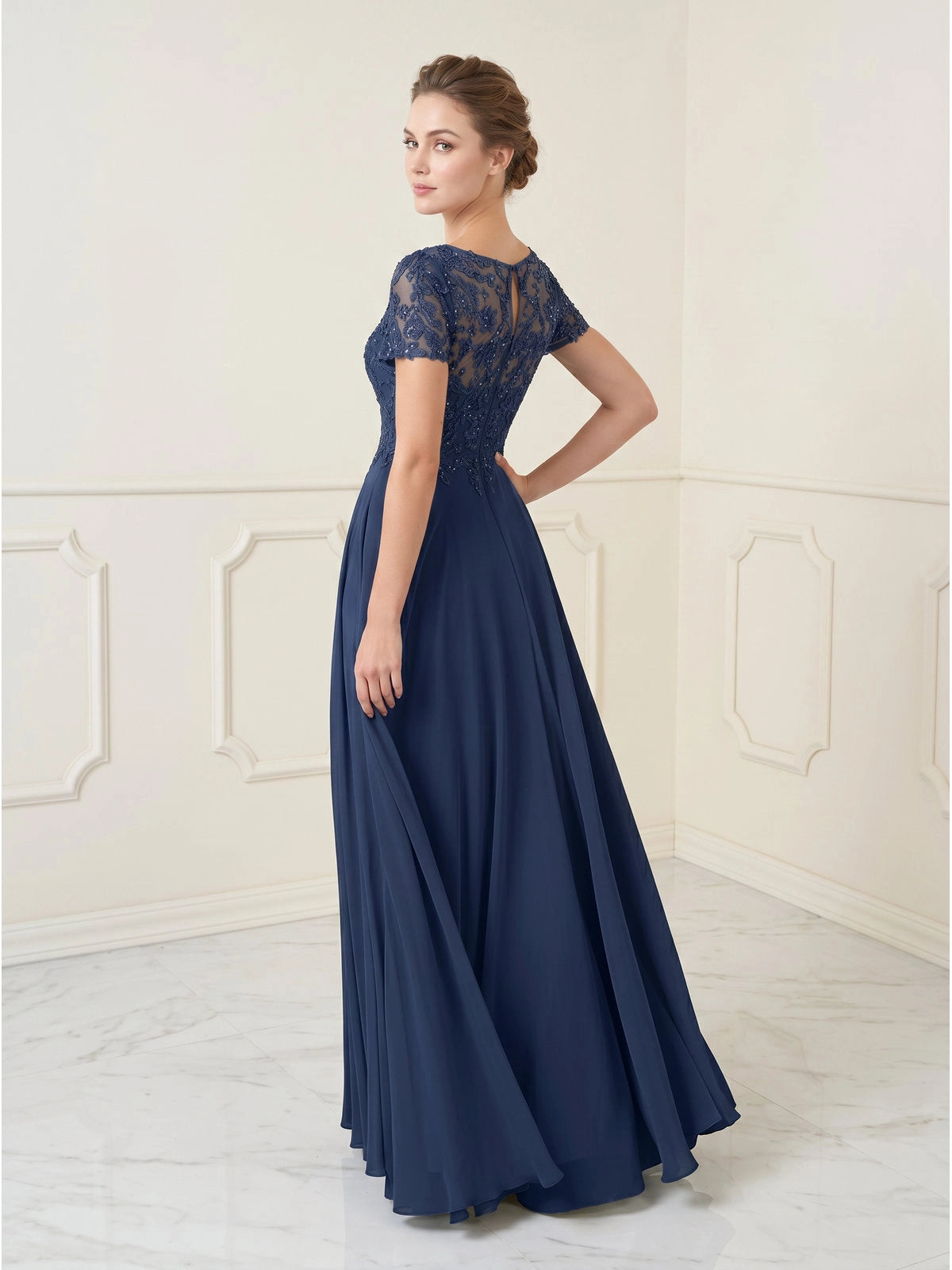 Vetalise Elegant Lace Short Sleeve Mother of the Bride Dress with Pockets - Azure